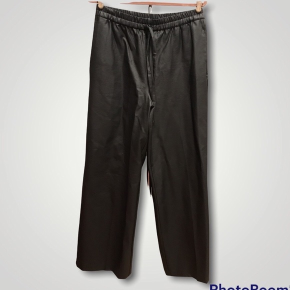 💃ZARA Vegan LEATHER PANTS HIGH-WAISTED PANTS ADJUSTABLE DRAWSTRING black 💃 - Picture 5 of 6